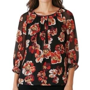 MADEWELL Black French Rose Printed Sheer Bubble Sleeve Back Tie Neck Size Small